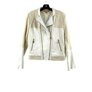 Ellen Tracy Off White Asymmetrical Zip Faux Leather Tweed Crop Jacket Size Med